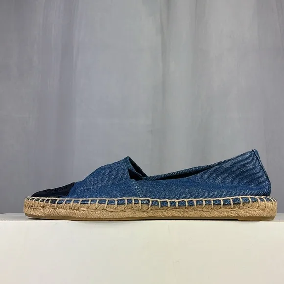 Tory Burch Denim Chambray Navy Leather Color Block Espadrille Flats.
