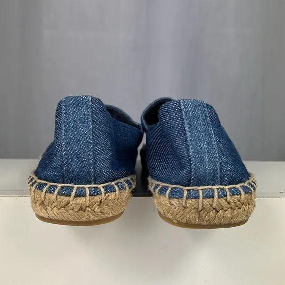 Tory Burch Denim Chambray Navy Leather Color Block Espadrille Flats.