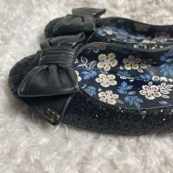 Tory Burch Divine Bow  black Sequin Leather Flats with front bow accent Size 11