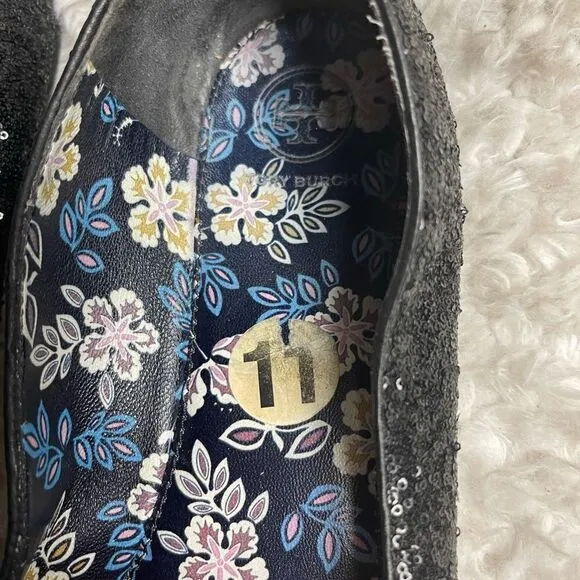 Tory Burch Divine Bow  black Sequin Leather Flats with front bow accent Size 11