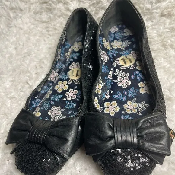 Tory Burch Divine Bow  black Sequin Leather Flats with front bow accent Size 11