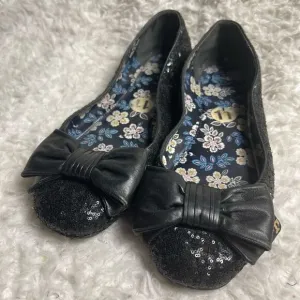 Tory Burch Divine Bow  black Sequin Leather Flats with front bow accent Size 11