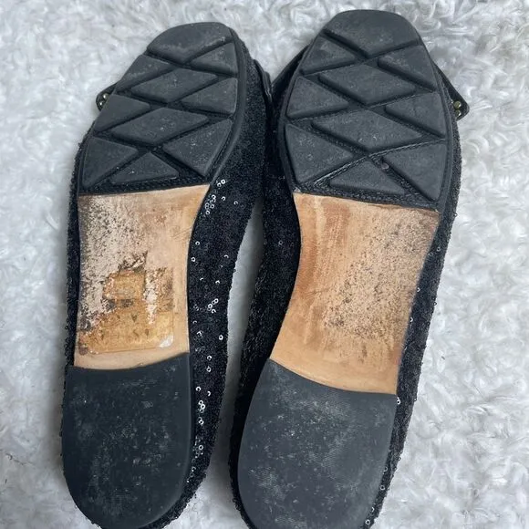 Tory Burch Divine Bow  black Sequin Leather Flats with front bow accent Size 11