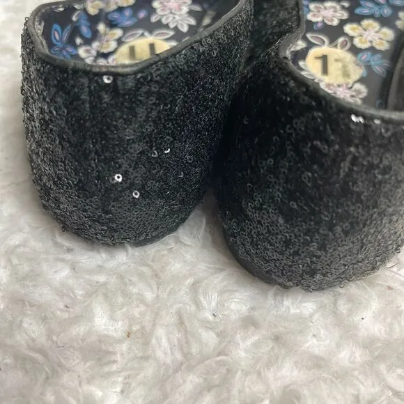 Tory Burch Divine Bow  black Sequin Leather Flats with front bow accent Size 11