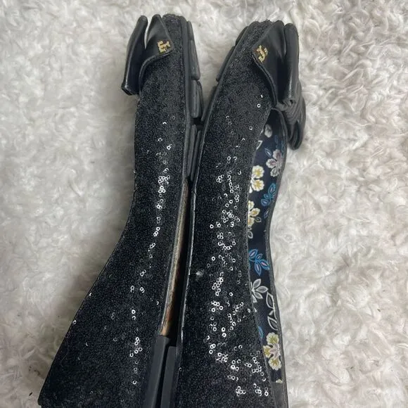 Tory Burch Divine Bow  black Sequin Leather Flats with front bow accent Size 11