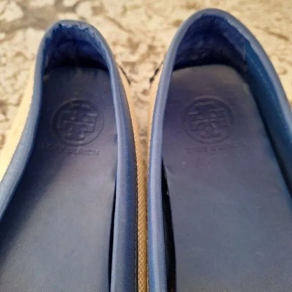 Tory Burch Driving Moccasins Logo Flats Canvas Leather Size 8.5 M