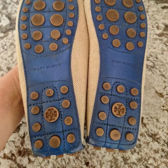 Tory Burch Driving Moccasins Logo Flats Canvas Leather Size 8.5 M