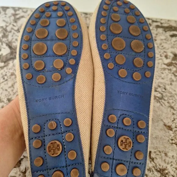 Tory Burch Driving Moccasins Logo Flats Canvas Leather Size 8.5 M