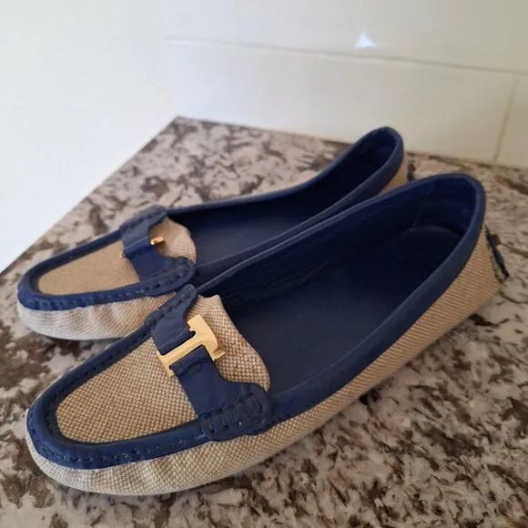Tory Burch Driving Moccasins Logo Flats Canvas Leather Size 8.5 M
