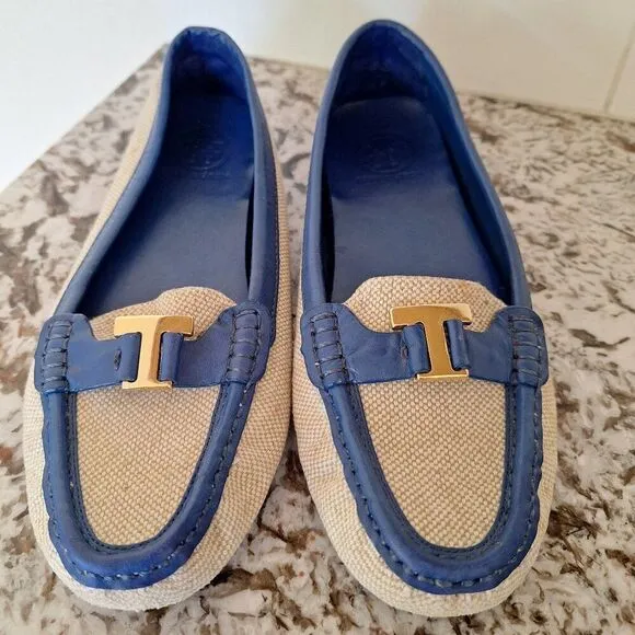 Tory Burch Driving Moccasins Logo Flats Canvas Leather Size 8.5 M