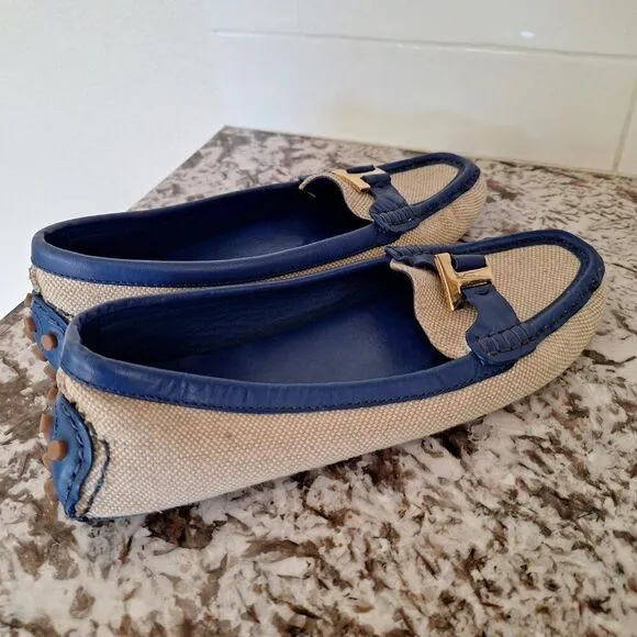 Tory Burch Driving Moccasins Logo Flats Canvas Leather Size 8.5 M