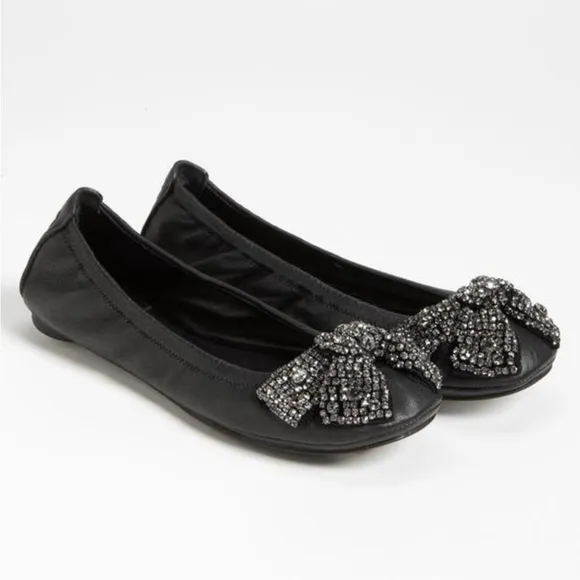 Tory Burch Eddie Crystal Bow Black Leather Flats