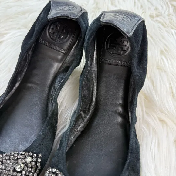 Tory Burch Eddie Crystal Bow Black Leather Flats