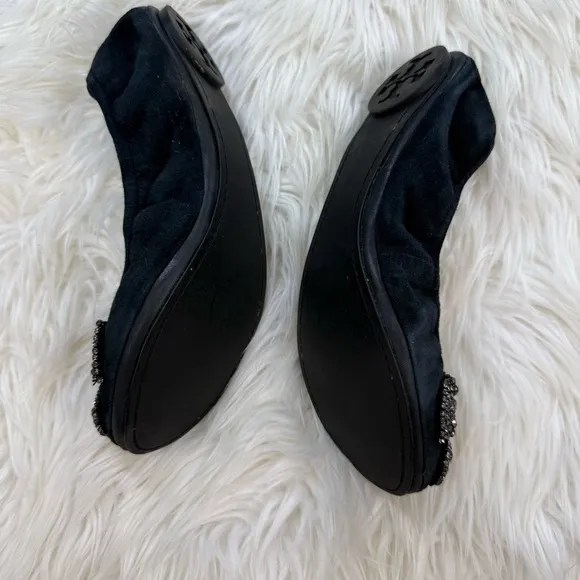 Tory Burch Eddie Crystal Bow Black Leather Flats
