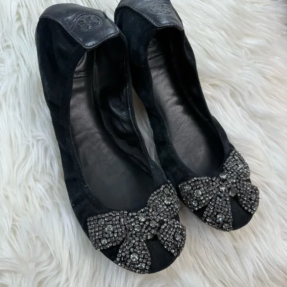 Tory Burch Eddie Crystal Bow Black Leather Flats