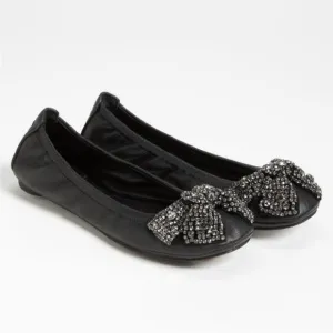 Tory Burch Eddie Crystal Bow Black Leather Flats