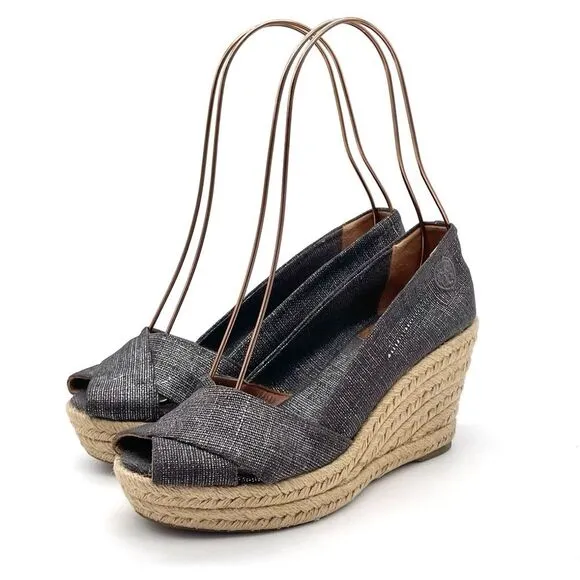 Tory Burch Filipa Espadrille Wedge Heel in Shimmer Pewter Linen Women’s Size 5.5