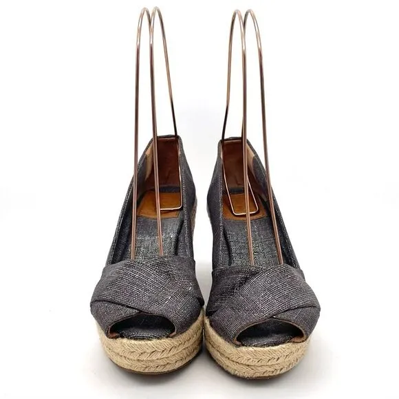 Tory Burch Filipa Espadrille Wedge Heel in Shimmer Pewter Linen Women’s Size 5.5