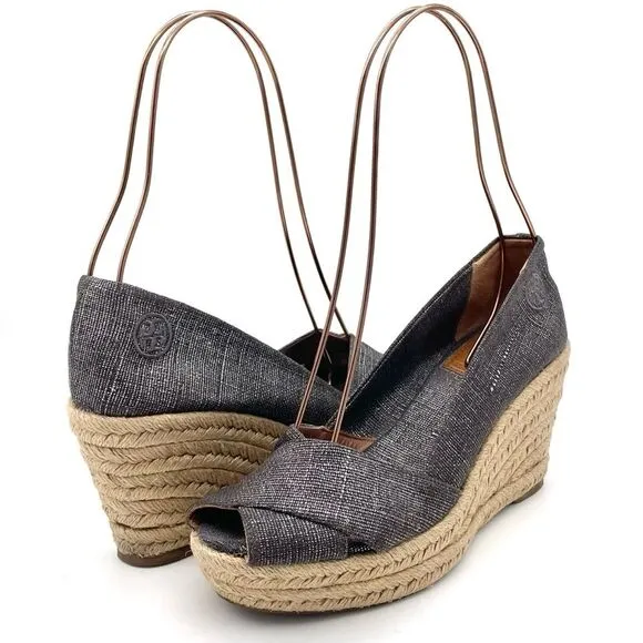 Tory Burch Filipa Espadrille Wedge Heel in Shimmer Pewter Linen Women’s Size 5.5