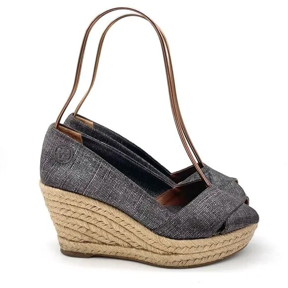 Tory Burch Filipa Espadrille Wedge Heel in Shimmer Pewter Linen Women’s Size 5.5