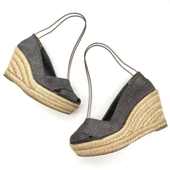 Tory Burch Filipa Espadrille Wedge Heel in Shimmer Pewter Linen Women’s Size 5.5