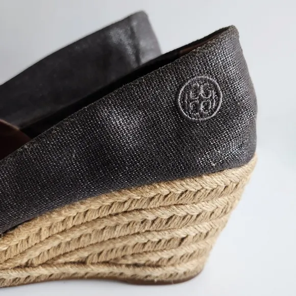Tory Burch Filipa Size 8.5, Pewter Sparkle Canvas Espadrille Wedges, Peep Toe