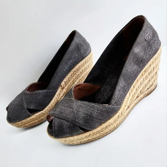 Tory Burch Filipa Size 8.5, Pewter Sparkle Canvas Espadrille Wedges, Peep Toe