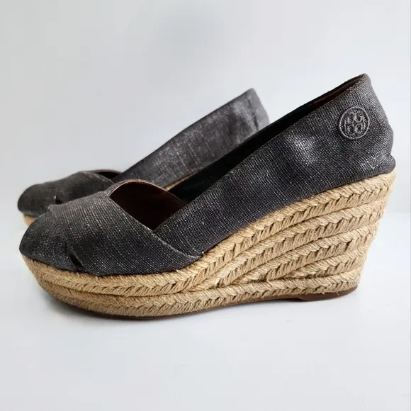 Tory Burch Filipa Size 8.5, Pewter Sparkle Canvas Espadrille Wedges, Peep Toe
