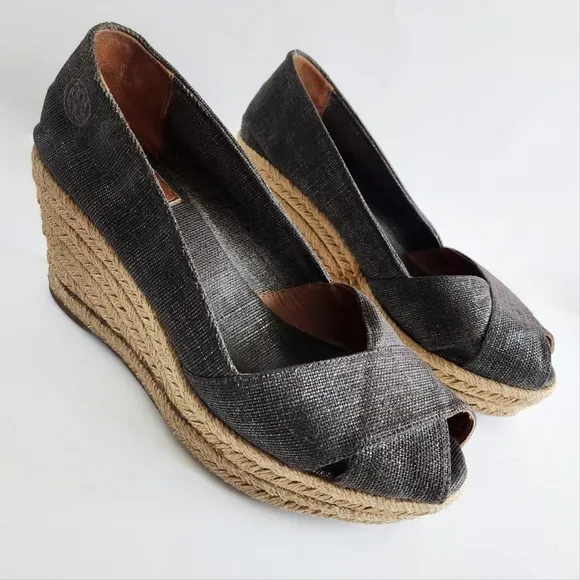 Tory Burch Filipa Size 8.5, Pewter Sparkle Canvas Espadrille Wedges, Peep Toe
