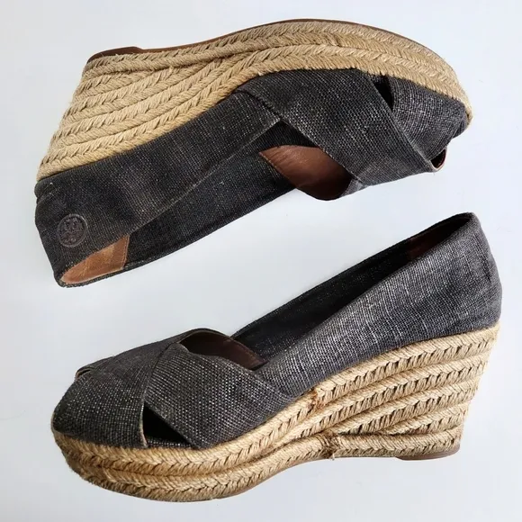 Tory Burch Filipa Size 8.5, Pewter Sparkle Canvas Espadrille Wedges, Peep Toe