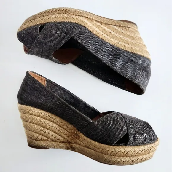 Tory Burch Filipa Size 8.5, Pewter Sparkle Canvas Espadrille Wedges, Peep Toe