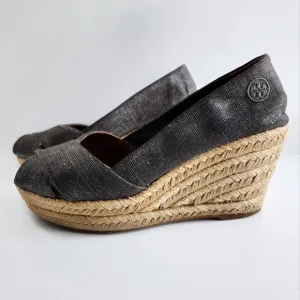 Tory Burch Filipa Size 8.5, Pewter Sparkle Canvas Espadrille Wedges, Peep Toe