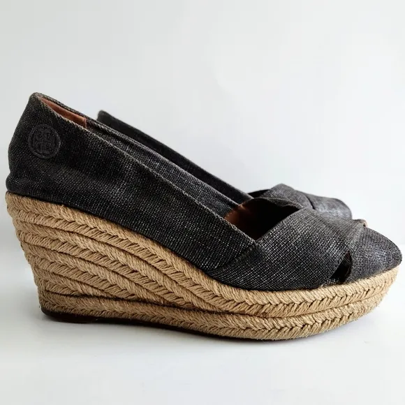 Tory Burch Filipa Size 8.5, Pewter Sparkle Canvas Espadrille Wedges, Peep Toe