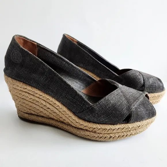 Tory Burch Filipa Size 8.5, Pewter Sparkle Canvas Espadrille Wedges, Peep Toe