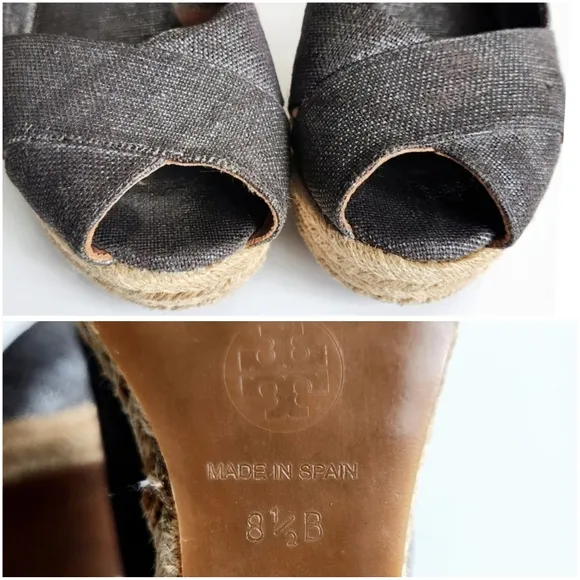 Tory Burch Filipa Size 8.5, Pewter Sparkle Canvas Espadrille Wedges, Peep Toe