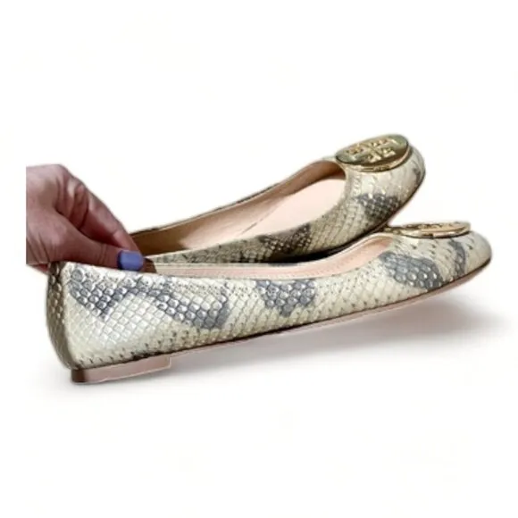 Tory Burch Gold/Beige Python Embossed Leather Reva Ballet Flats Size 7