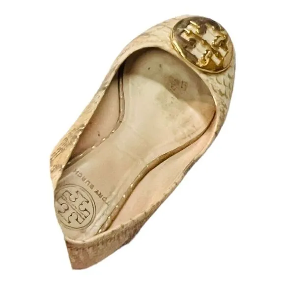Tory Burch Gold/Beige Python Print Leather Reva Ballet Flats Size 6 1/2 leather