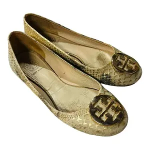 Tory Burch Gold/Beige Python Print Leather Reva Ballet Flats Size 6 1/2 leather