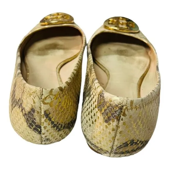 Tory Burch Gold/Beige Python Print Leather Reva Ballet Flats Size 6 1/2 leather