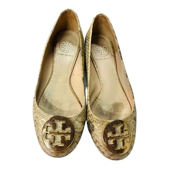 Tory Burch Gold/Beige Python Print Leather Reva Ballet Flats Size 6 1/2 leather
