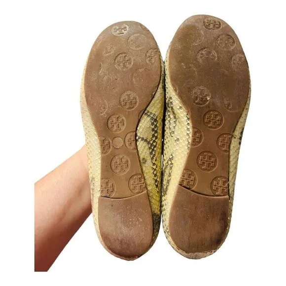 Tory Burch Gold/Beige Python Print Leather Reva Ballet Flats Size 6 1/2 leather