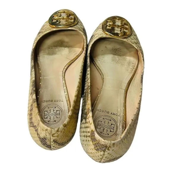 Tory Burch Gold/Beige Python Print Leather Reva Ballet Flats Size 6 1/2 leather