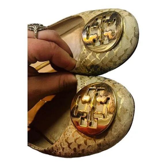 Tory Burch Gold/Beige Python Print Leather Reva Ballet Flats Size 6 1/2 leather