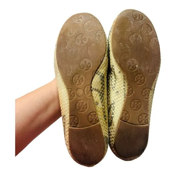 Tory Burch Gold/Beige Python Print Leather Reva Ballet Flats Size 6 1/2 leather