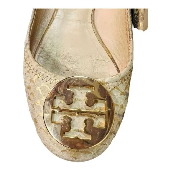 Tory Burch Gold/Beige Python Print Leather Reva Ballet Flats Size 6 1/2 leather