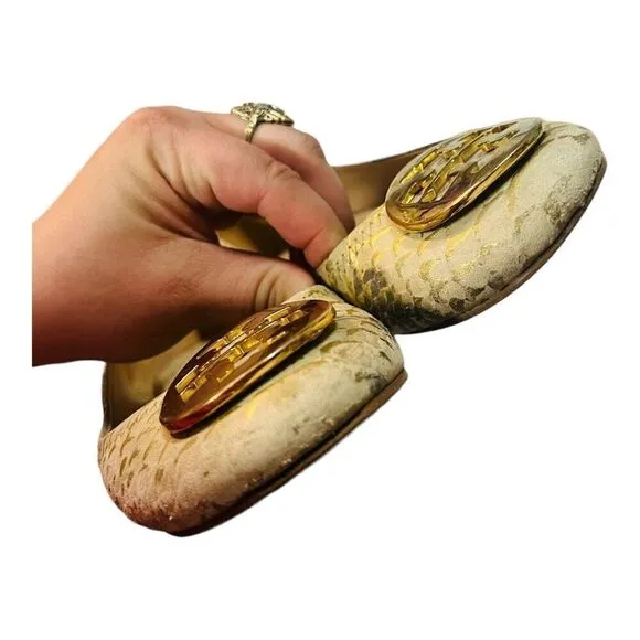 Tory Burch Gold/Beige Python Print Leather Reva Ballet Flats Size 6 1/2 leather