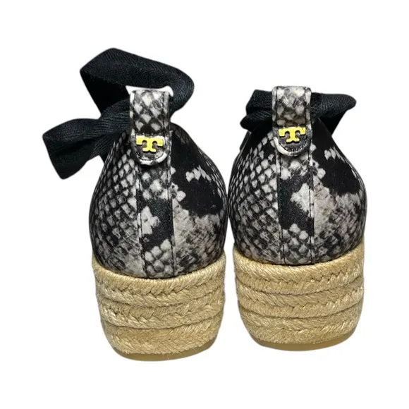 TORY BURCH Heather Ankle Wrap Espadrille Wedges Size 7 Black/Roccia Snake Print