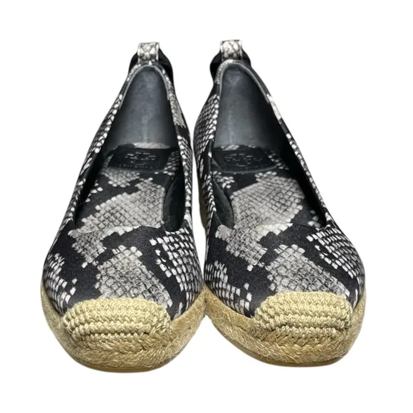 TORY BURCH Heather Ankle Wrap Espadrille Wedges Size 7 Black/Roccia Snake Print