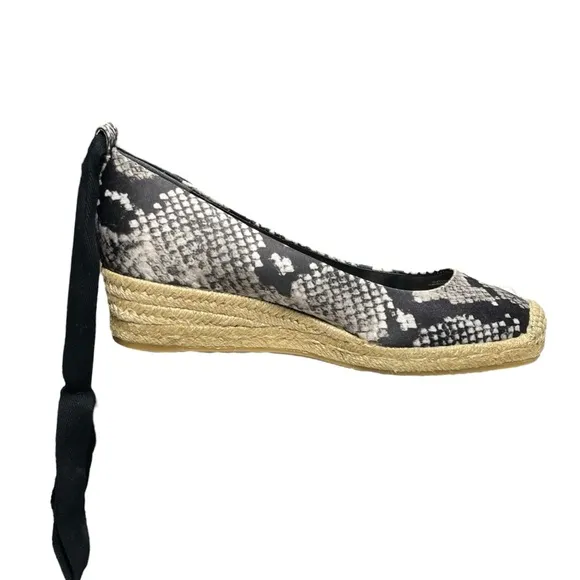 TORY BURCH Heather Ankle Wrap Espadrille Wedges Size 7 Black/Roccia Snake Print