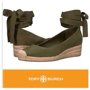Tory Burch “Heather” Lace Up Olive Green Suede Espadrille Wedges Sz 8.5 Summer